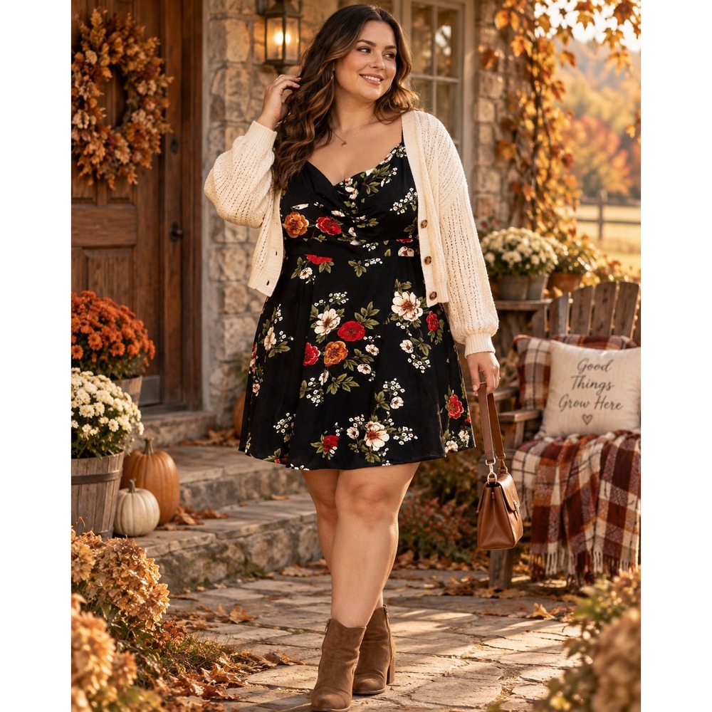 Women XL Navy Floral Mini Dress Cowl Neck Open Back Bow Cottagecore Date Night